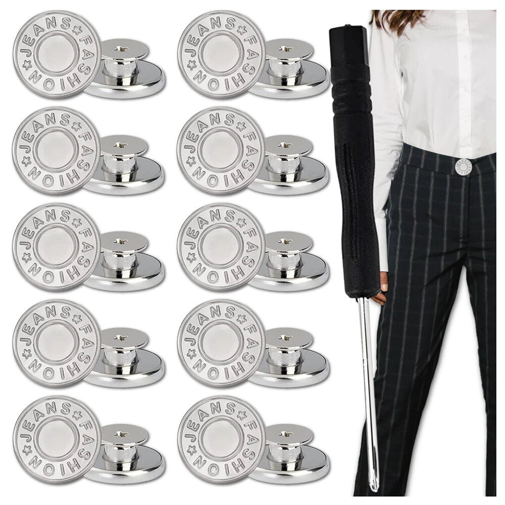 Metāla pogu komplekts biksēm ar skrūvgriezi, 10 gab., sudrabkrāsas, metāla