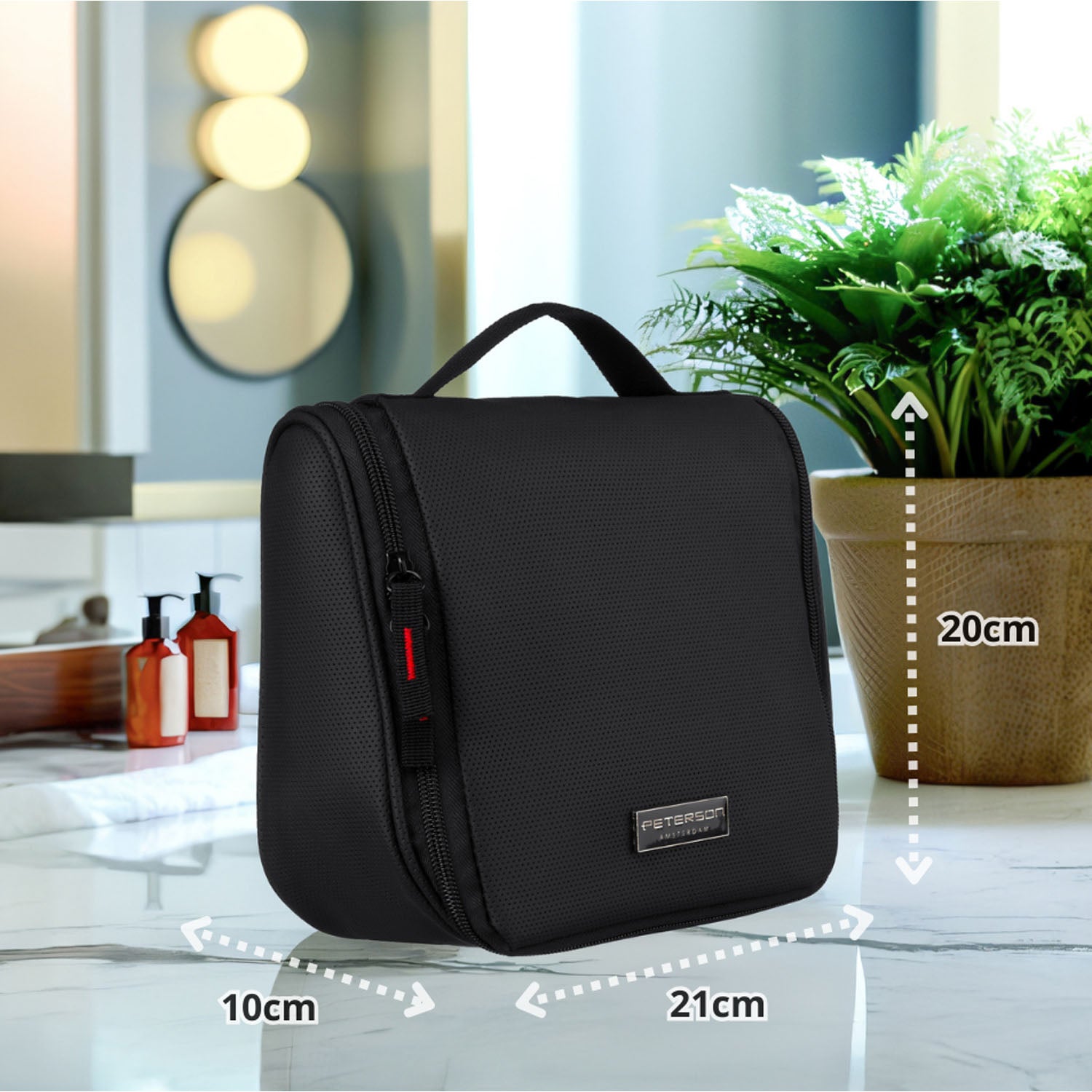 Ceļojuma kosmētikas somiņa ar āķi, melna, sintētiska