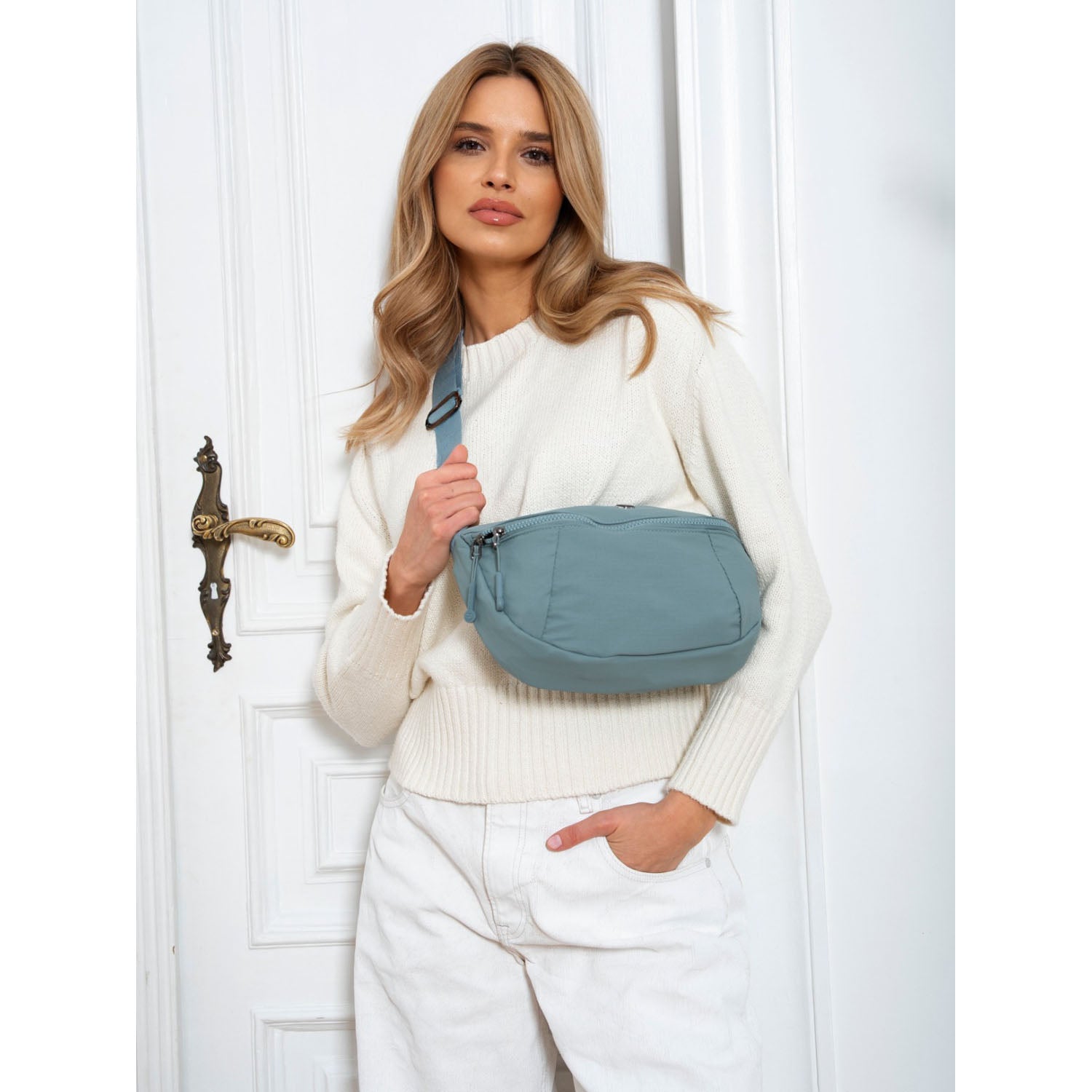 Sieviešu divu nodalījumu rokassoma, zila, poliesters R562