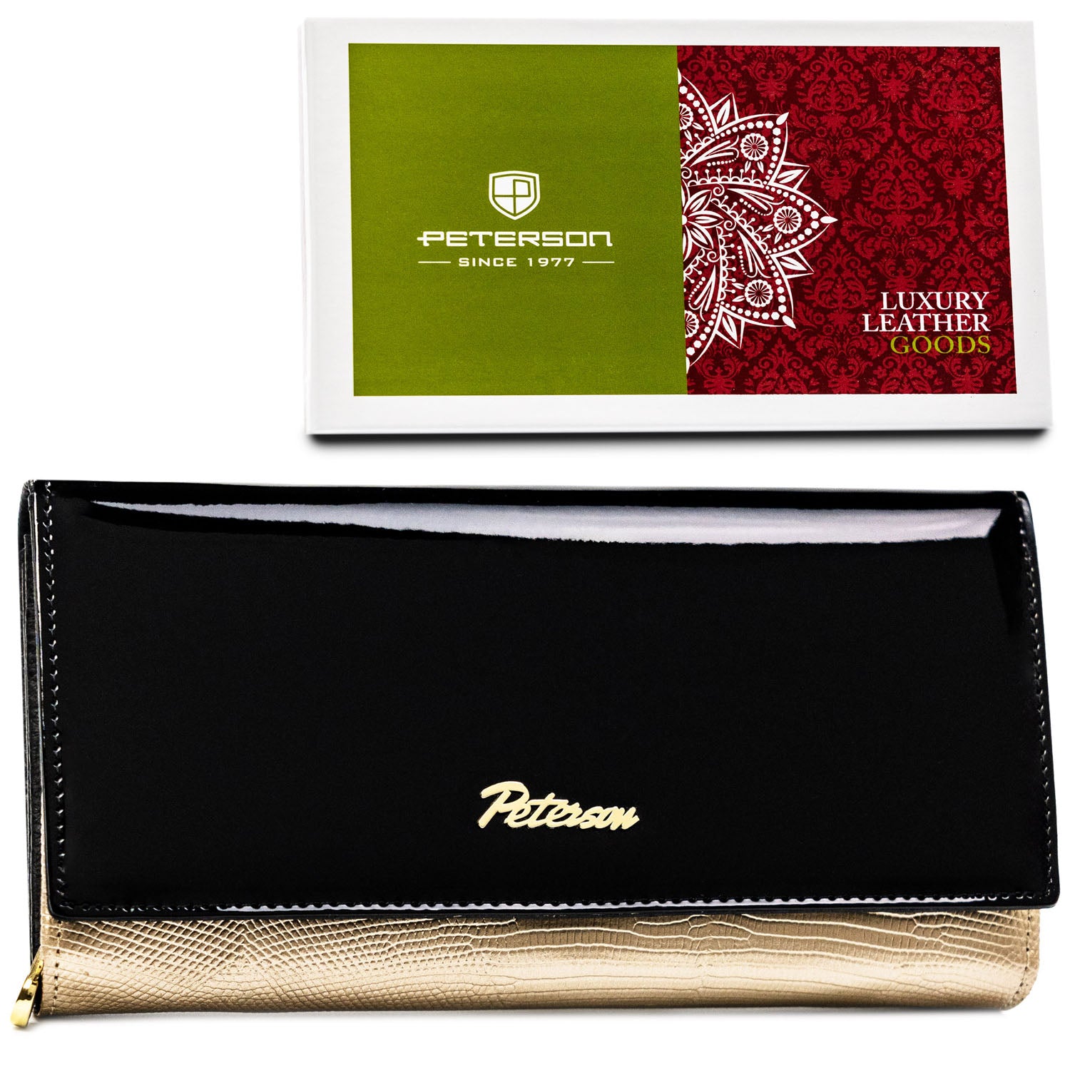 Sieviešu maks, melni zelta krāsā, īsta āda, RFID sistēma D1635