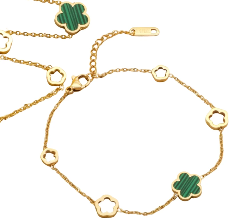 Apzeltīta ķirurģiskā tērauda aproce ar zaļu ziedu