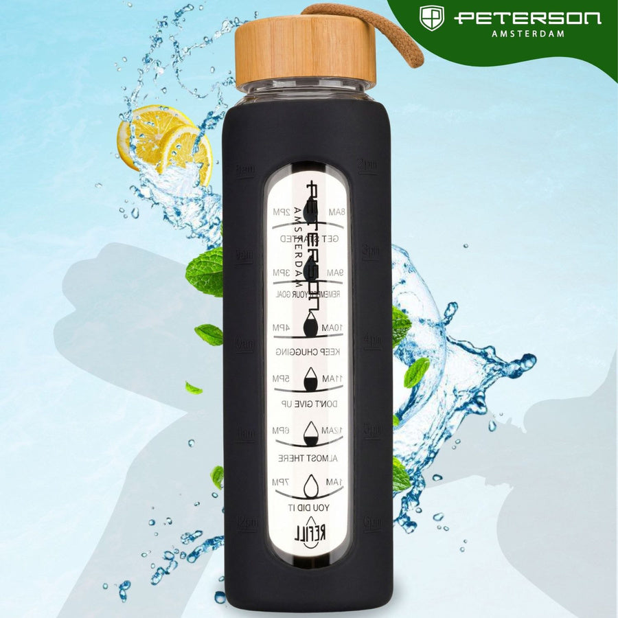 Peterson motivējošā stikla ūdens pudele ar silikona apvalku, melna, 960 ml D68