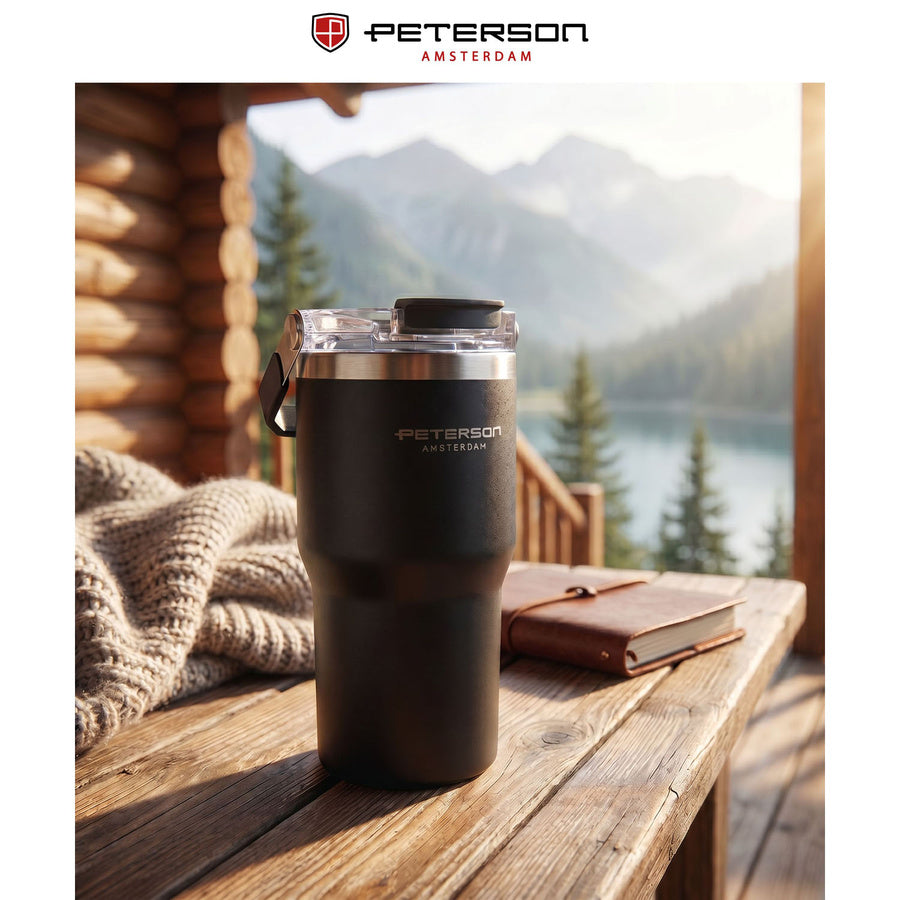 Peterson 600ml juodas nerūdijančio plieno termo puodelis su rankenėle