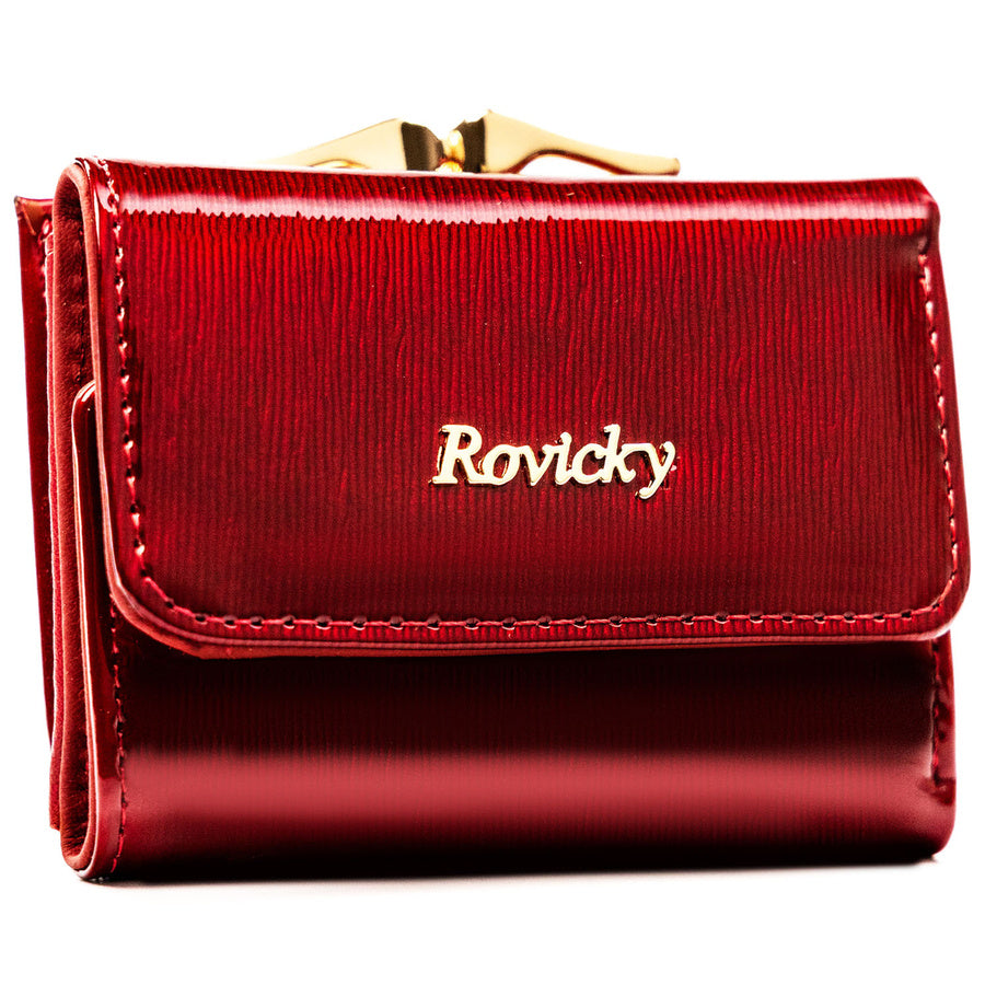 Maža raudona moteriška natūralios odos piniginė su užsegimu ir spragtuku „Rovicky“ ST77