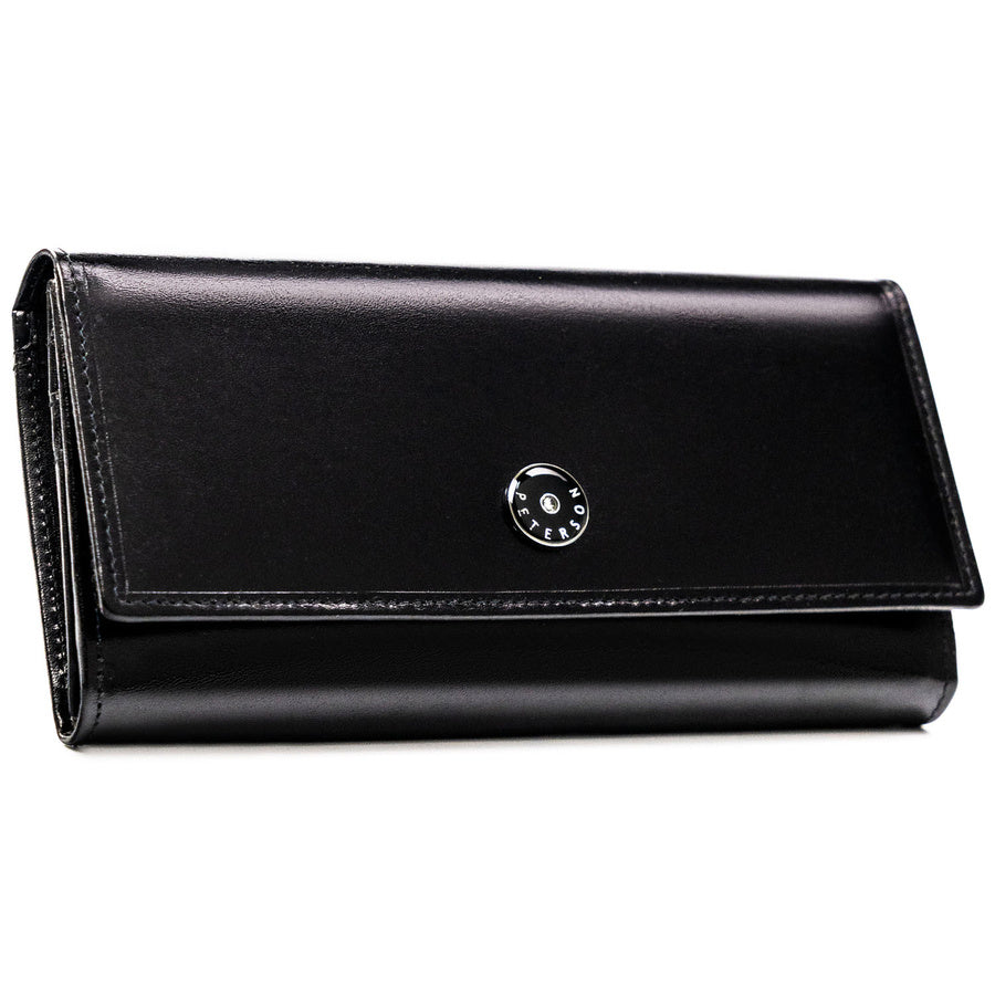 Didelė moteriška odinė „Peterson“ piniginė su atvartu ir spaude, juoda ST82