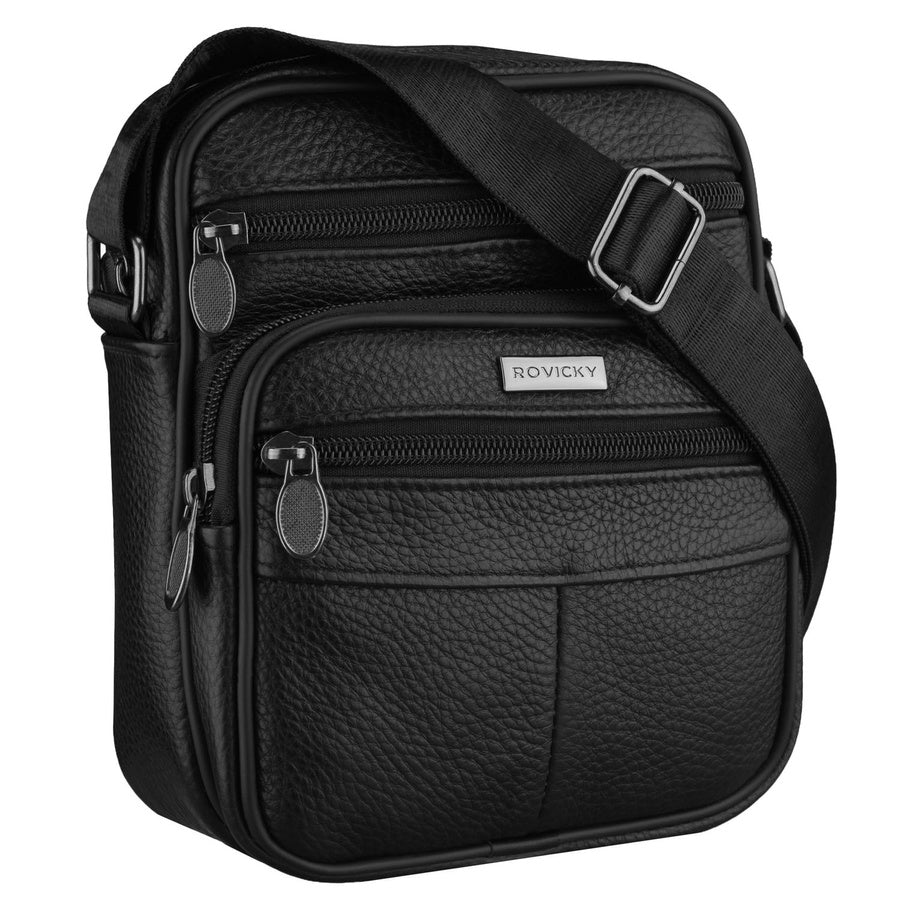 Vīriešu dabīgās ādas plecu soma „Rovicky“, melna, ar rāvējslēdzēju