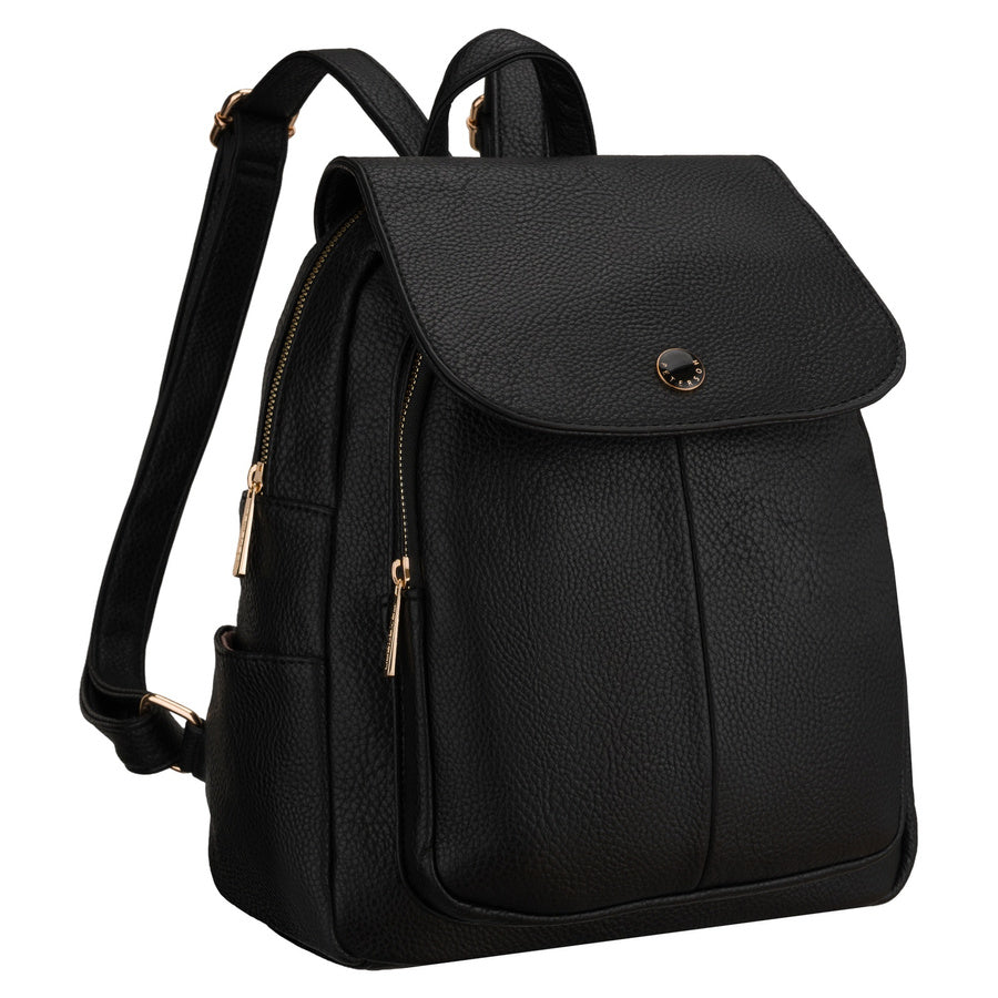 Peterson sieviešu pilsētas mugursoma ar atloku, melna, no ekoloģiskās ādas D94