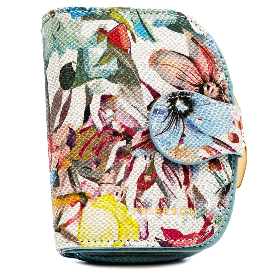 Peterson moteriška maža natūralios odos piniginė su gėlių raštu, užsegama rėmeliu ir spaude, juoda ST87