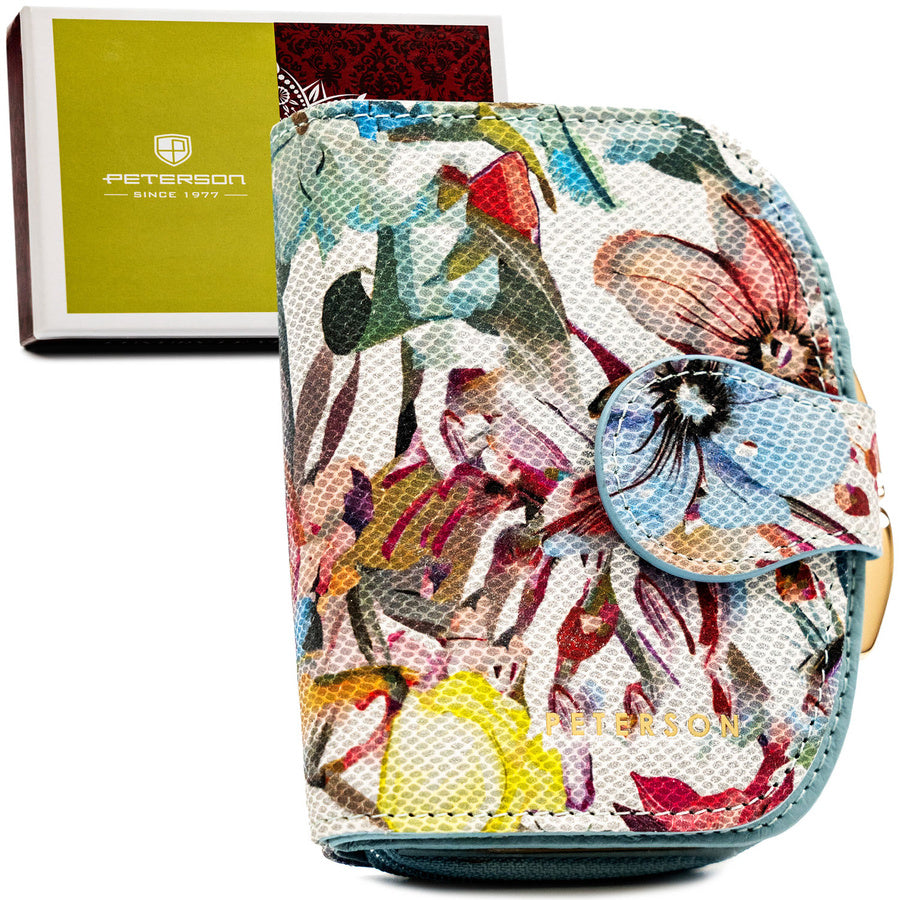 Peterson moteriška maža natūralios odos piniginė su gėlių raštu, užsegama rėmeliu ir spaude, juoda ST87