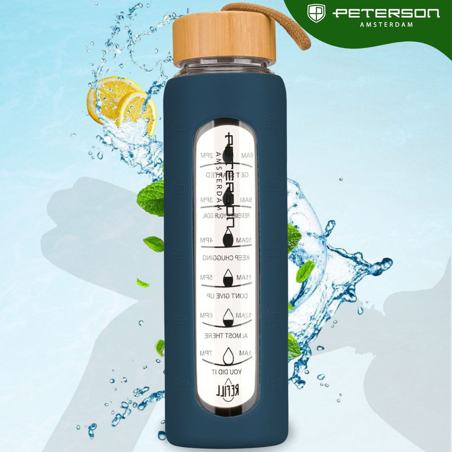 Peterson ietilpīga sieviešu ūdens pudele no stikla 960 ml ar silikona aizsargmaciņu, tumši zila D72
