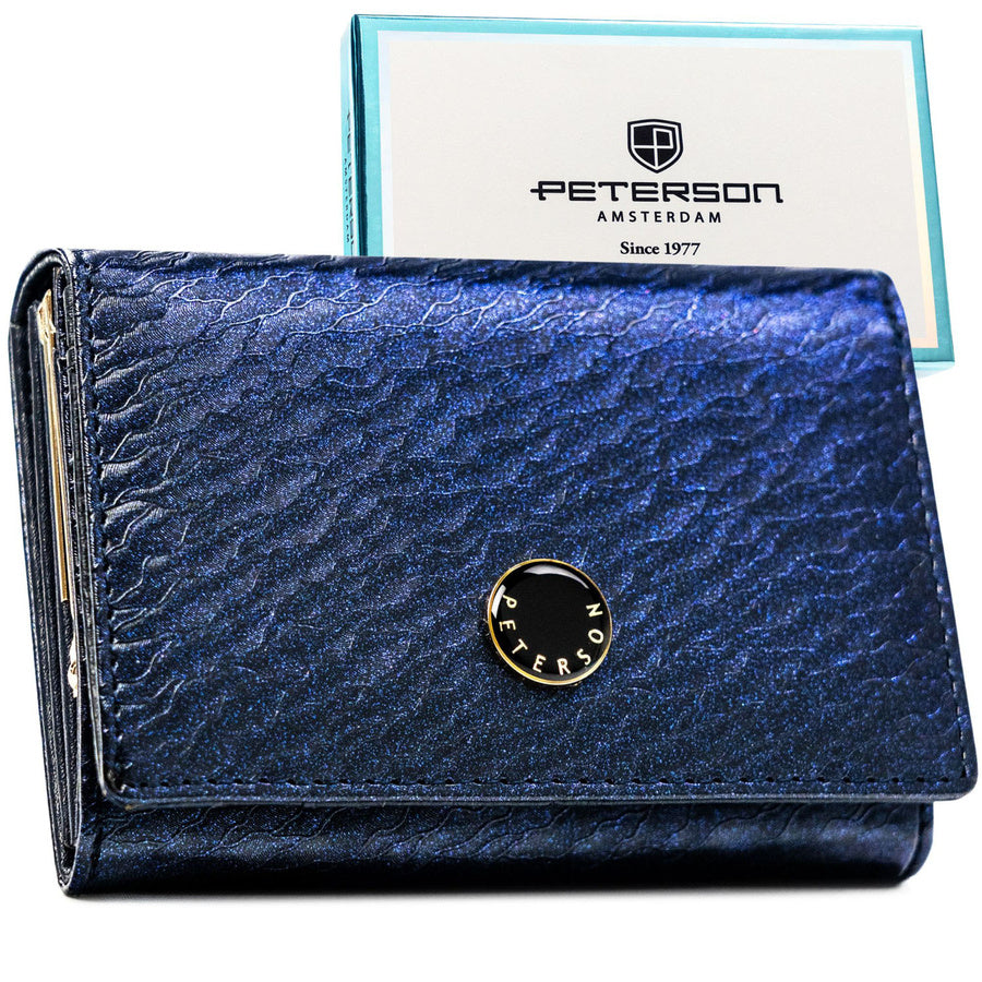 Moteriška vidutinio dydžio mėlyna piniginė su spaude, iš natūralios ir ekologiškos odos „Peterson“ ST95