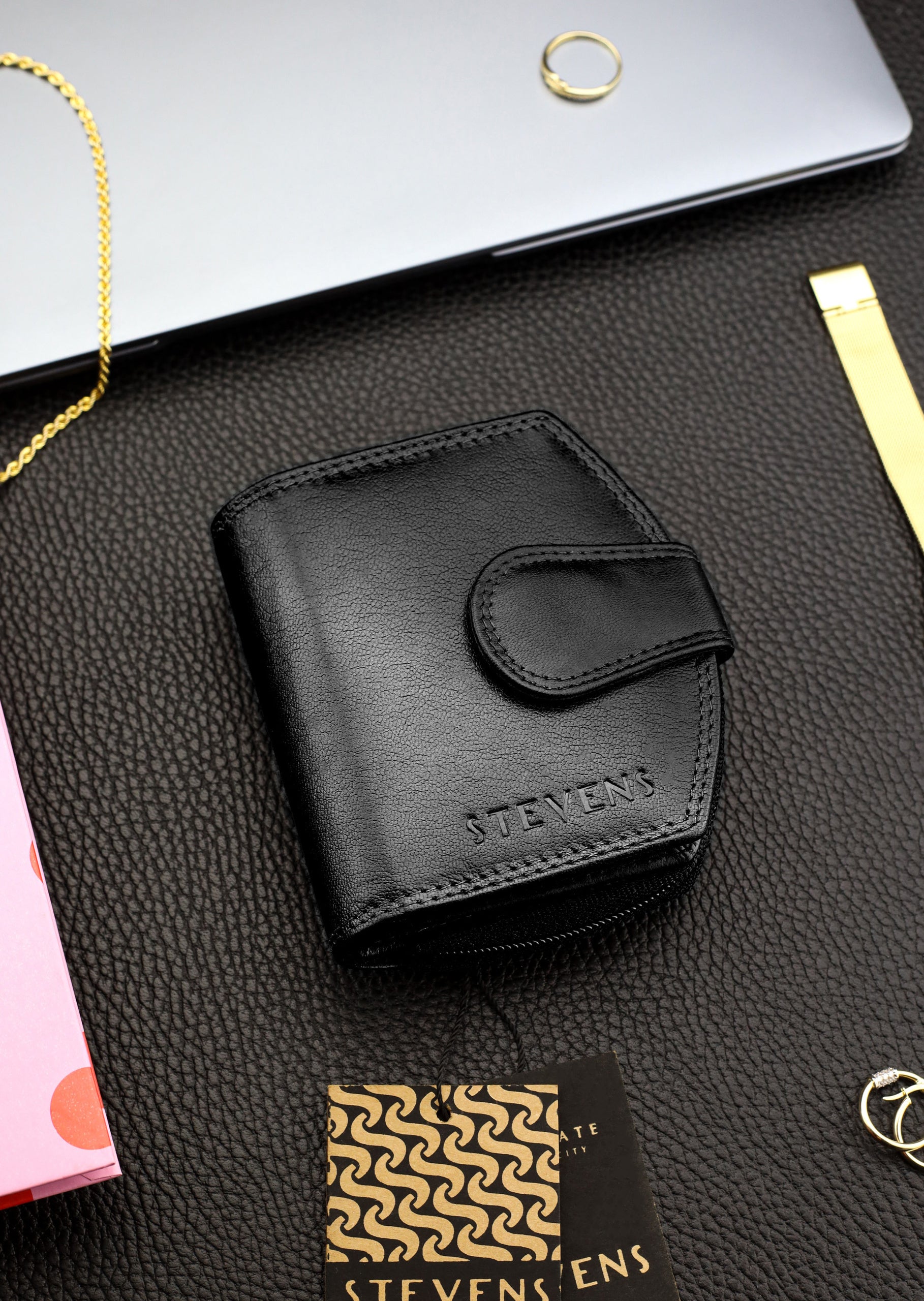 Sieviešu ādas maks STEVENS, melns, ar RFID aizsardzību