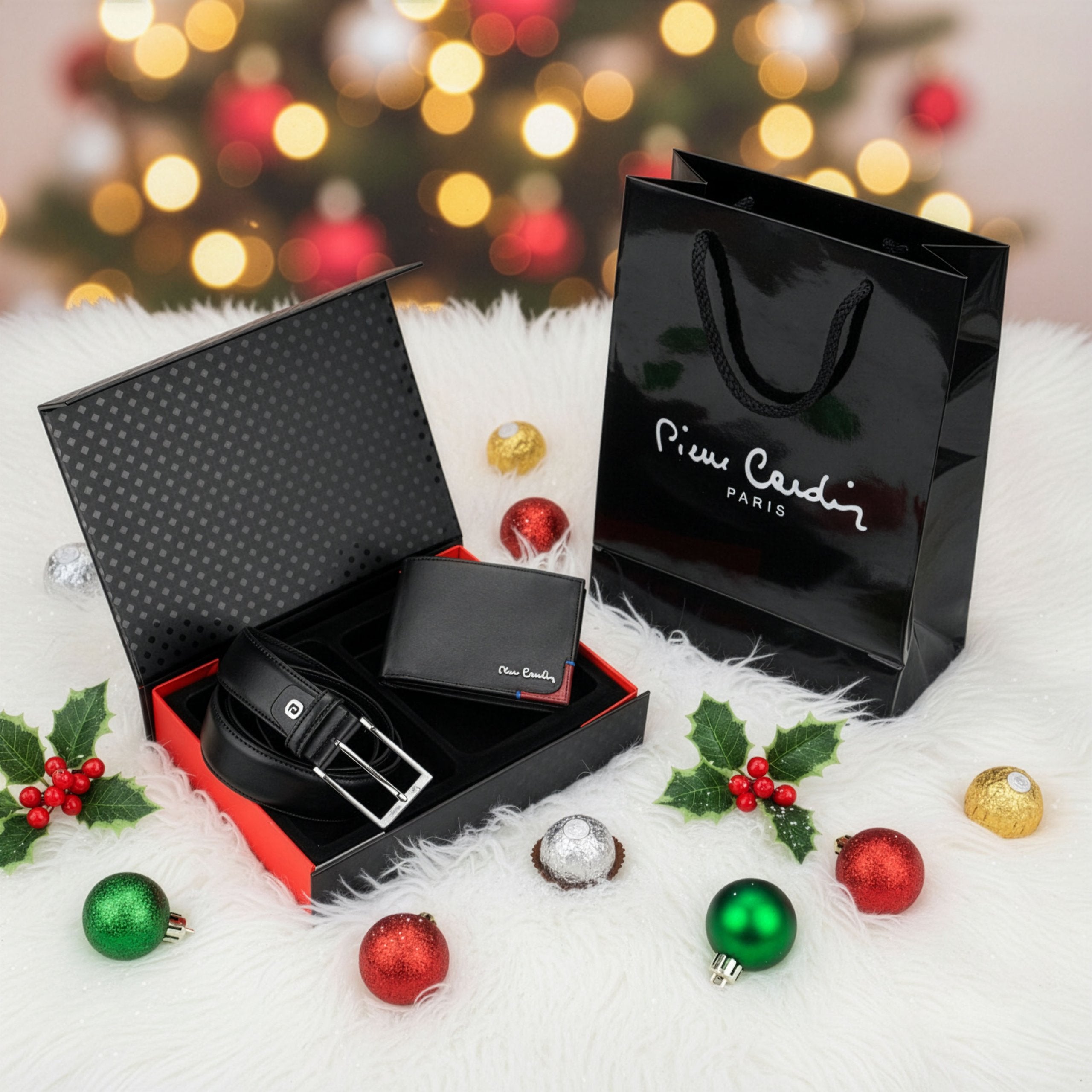 Vīriešu maks un josta Pierre Cardin kastītē, melna, īsta āda