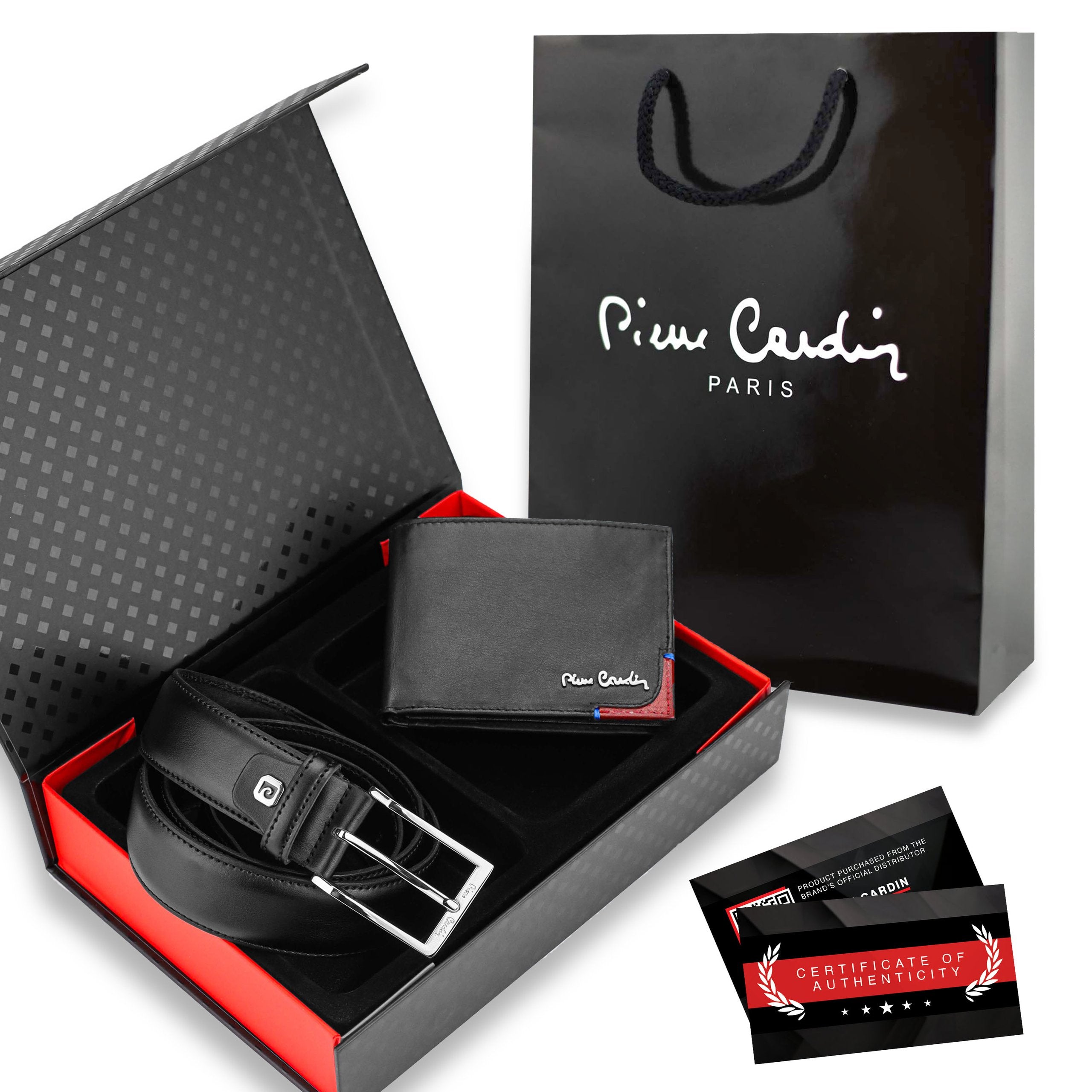 Vīriešu maks un josta Pierre Cardin kastītē, melna, īsta āda