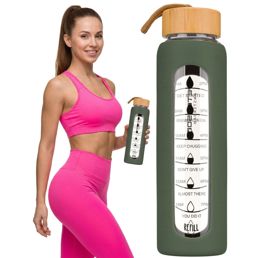 Peterson motivējoša ūdens pudele ar stundu marķējumiem, silikona maciņu, 960 ml, zaļa D71