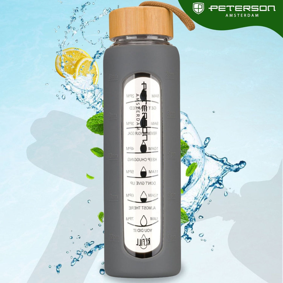 Peterson motivācijas ūdens pudele ar mērskalu, pelēku silikona vāku, 960 ml D69