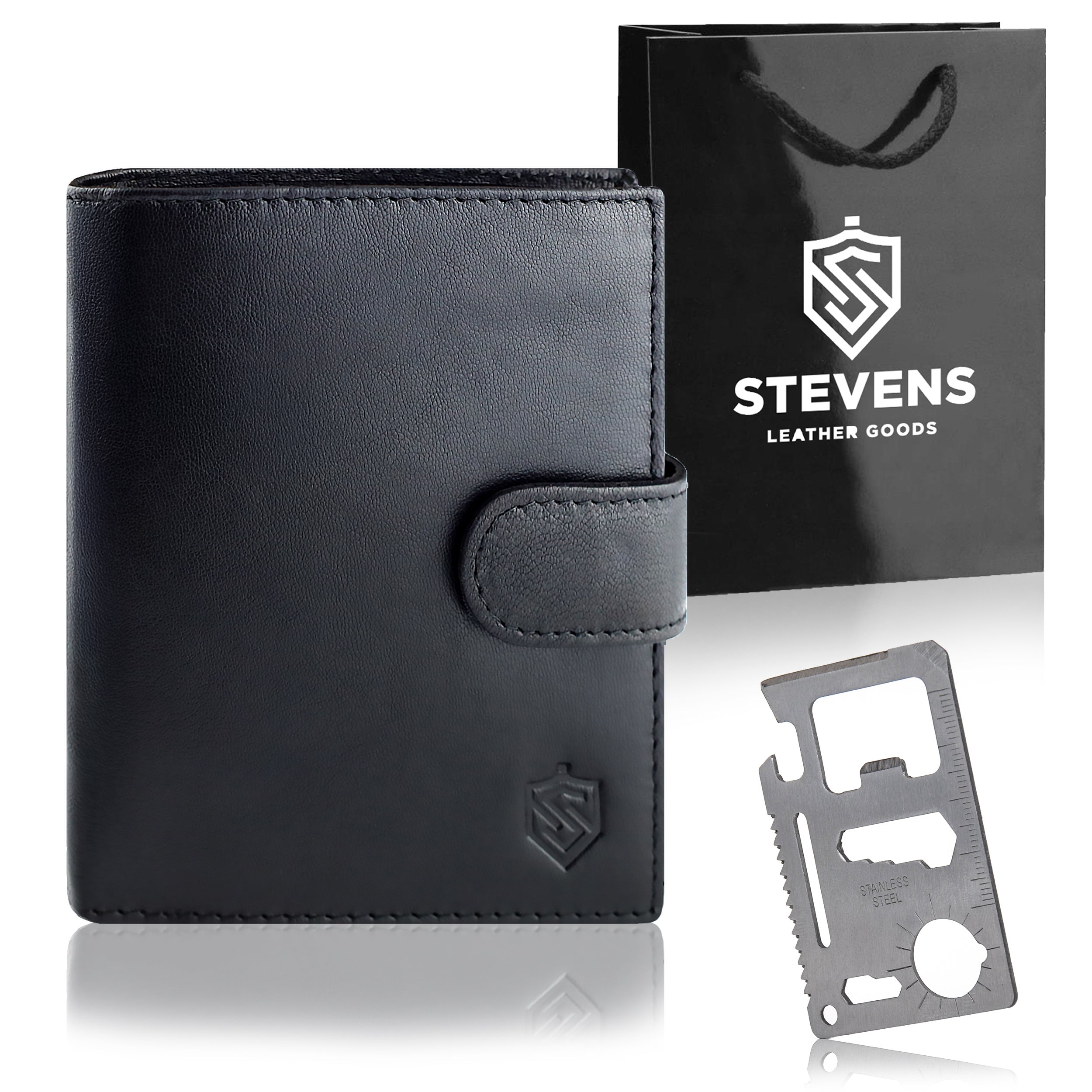 Dāvanu komplekts vīriešiem – STEVENS ādas maks ar RFID aizsardzību, izdzīvošanas karte un dāvanu maisiņš 326A