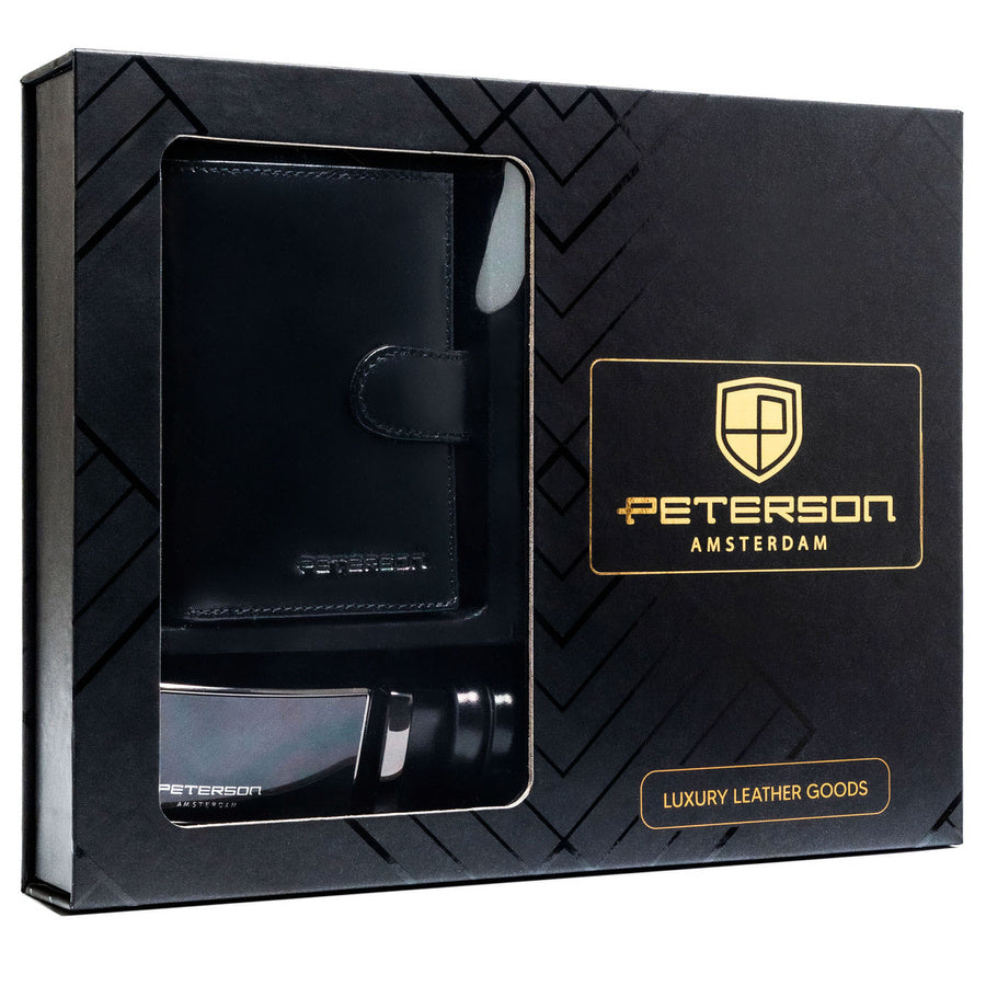 Peterson dovanų rinkinys: didelė juoda odinė vyriška piniginė su RFID apsauga ir natūralios odos diržas DS65