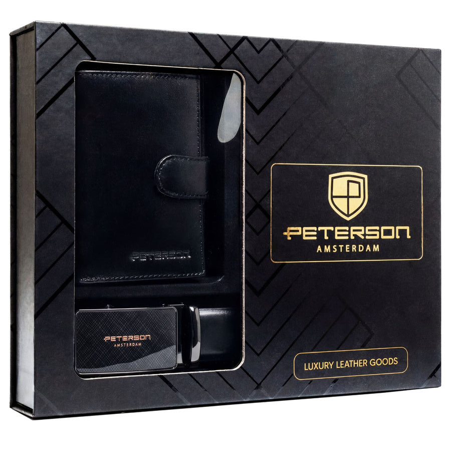 Peterson dovanų rinkinys: juoda vertikalaus formato vyriška odinė piniginė su RFID apsauga ir natūralios odos diržas DS51