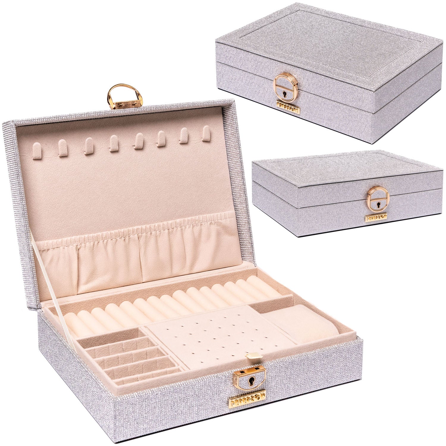 Sieviešu rotaslietu kastīte Peterson, sudraba krāsā – eleganta un praktiska izvēle jūsu rotaslietu uzglabāšanai.