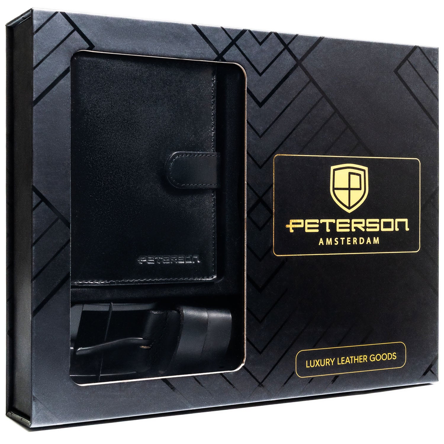 Peterson rinkinys: juoda vertikali piniginė vyrams ir eko odos diržas su klasikine sagtimi