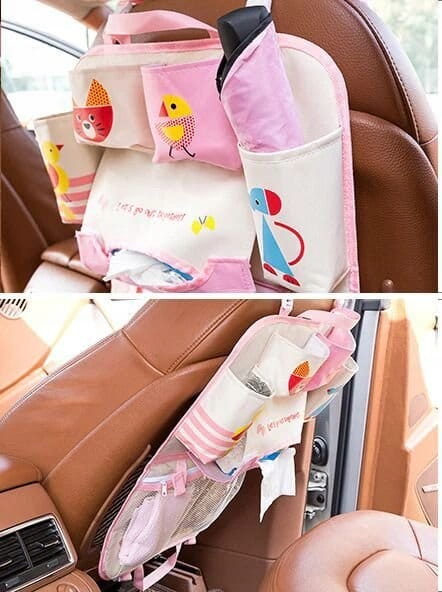 Automašīnas sēdekļa organizators, planšetdators, krūze, salvetes, piens, bērni