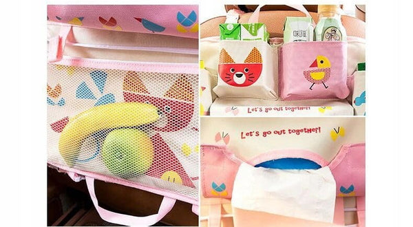 Automašīnas sēdekļa organizators, planšetdators, krūze, salvetes, piens, bērni