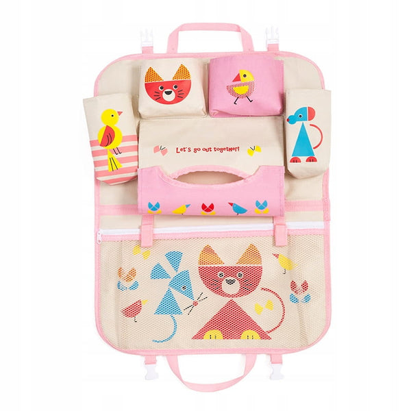 Automašīnas sēdekļa organizators, planšetdators, krūze, salvetes, piens, bērni