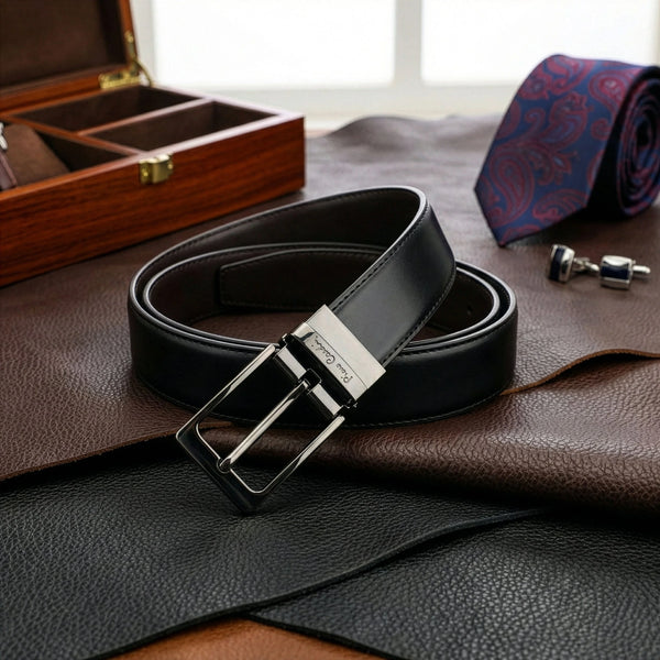 Vīriešu komplekts „Pierre Cardin”: ādas maks un divpusēja josta, melna/brūna 75T8806BR
