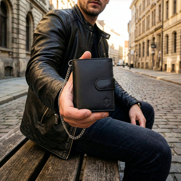 Melns vīriešu maks STEVENS ar ķēdīti S1083 