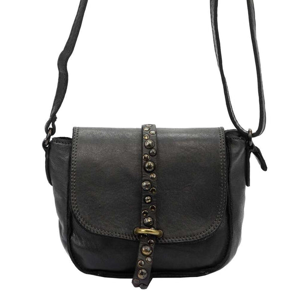 Moteriška natūralios odos juoda crossbody rankinė su dekoratyvia rankena VS 002