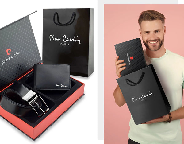 Vīriešu komplekts „Pierre Cardin”: ādas maks un divpusēja josta, melna/brūna 75T8806BR