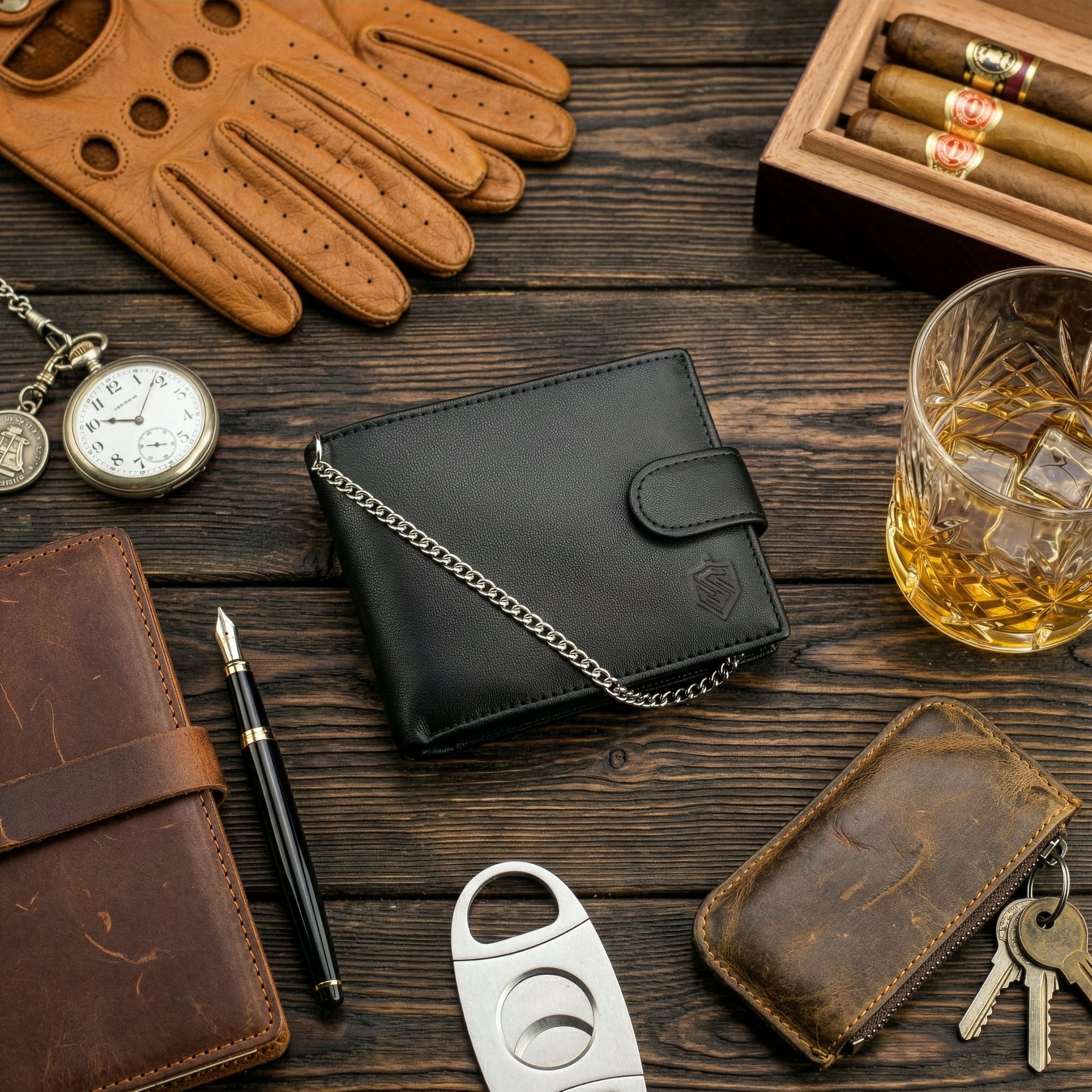 Melns vīriešu maks STEVENS ar ķēdīti S1082 