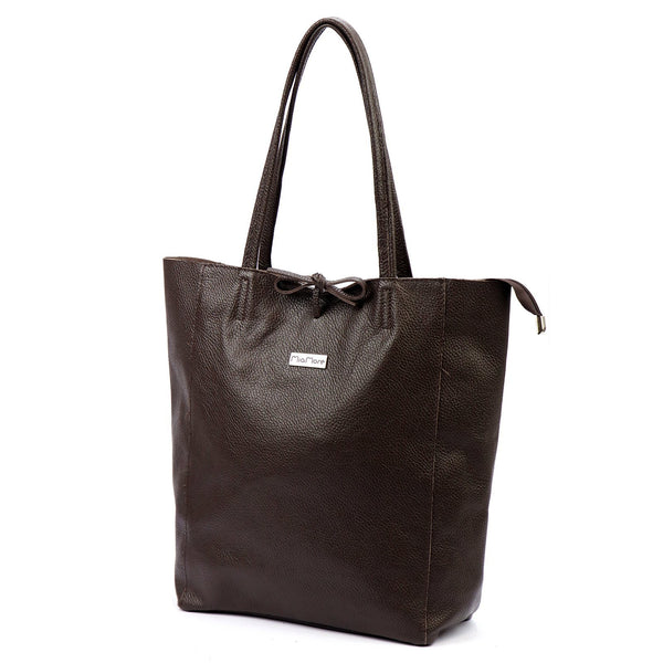 Moteriška didelė odinė shopper tipo rankinė MiaMore, tamsiai ruda, A4