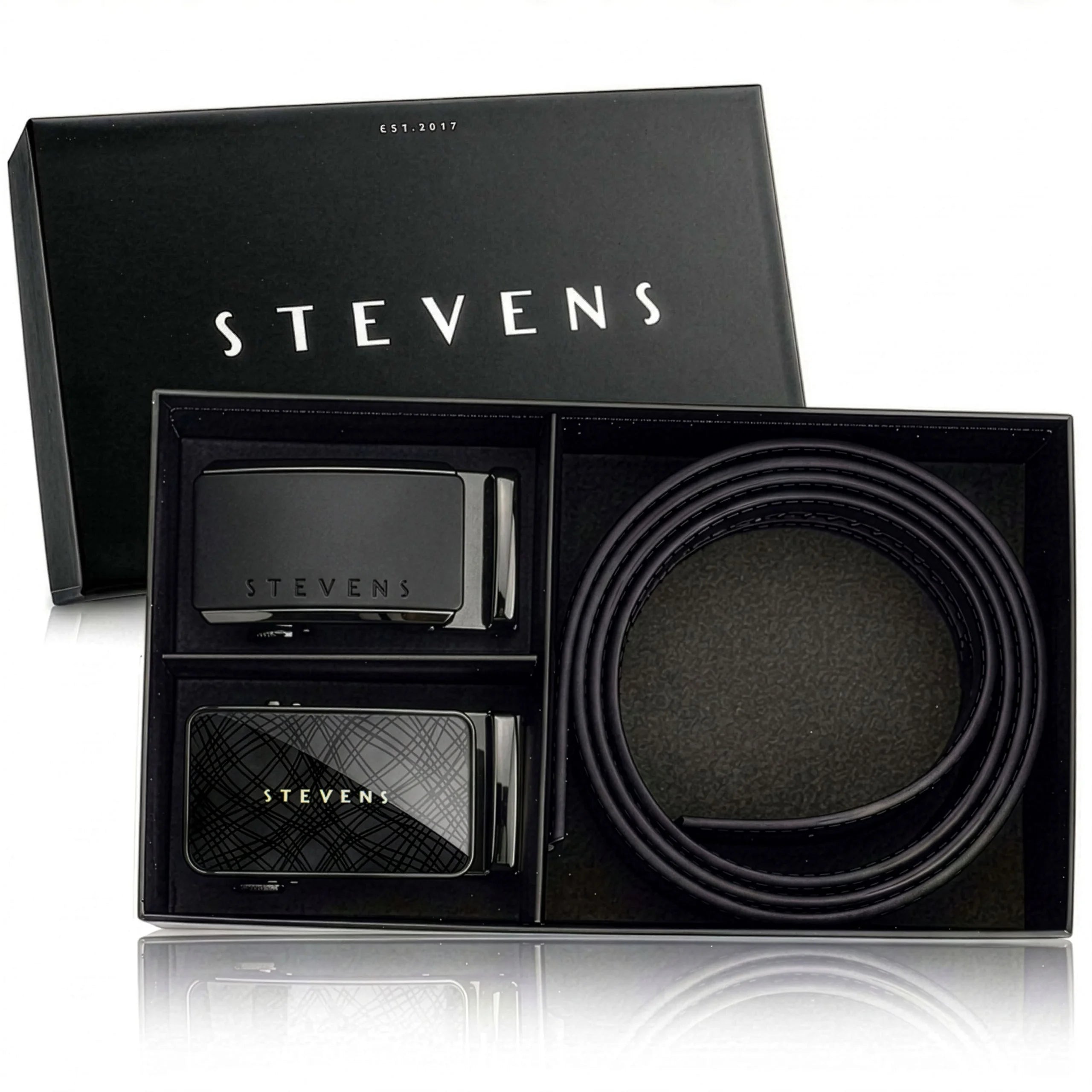 Vyriškas odinis automatinis diržas STEVENS, juodas, 2 dalių dovanų rinkinys D39736