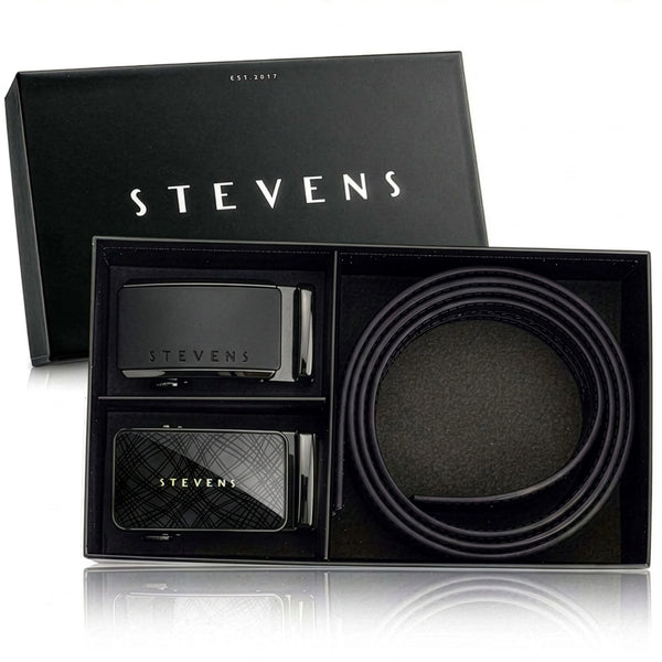 Vyriškas odinis automatinis diržas STEVENS, juodas, 2 dalių dovanų rinkinys D39736