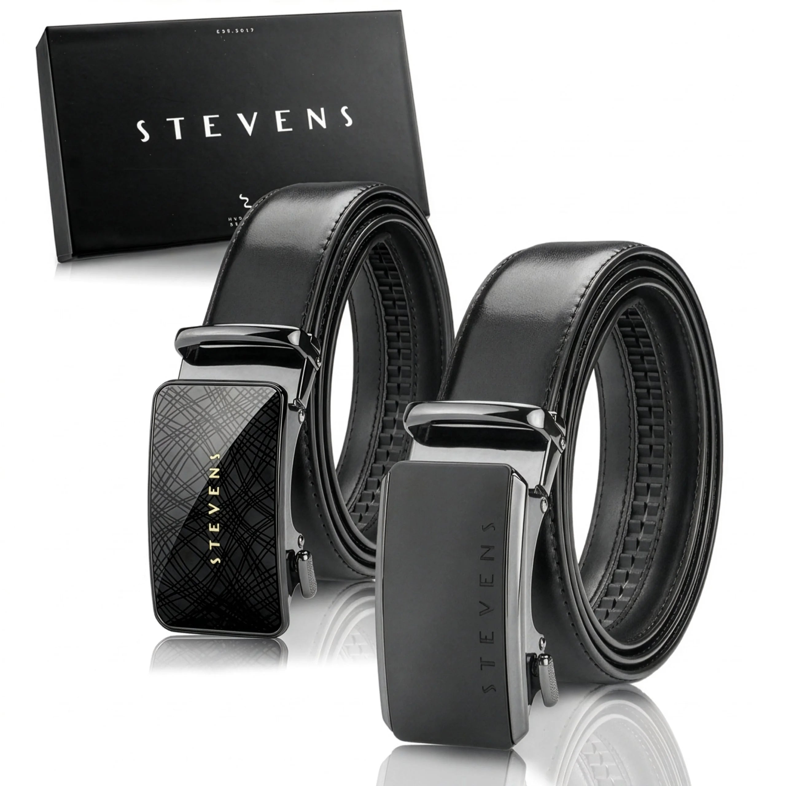 Vyriškas odinis automatinis diržas STEVENS, juodas, 2 dalių dovanų rinkinys D39736