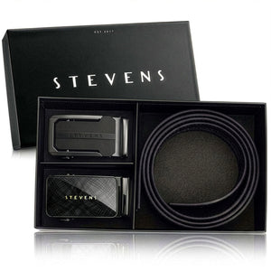 Vyriškas odinis automatinis diržas STEVENS, juodas, 2 viename rinkinys D39737