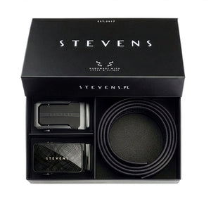 Vyriškas odinis automatinis diržas STEVENS, juodas, 2 viename rinkinys D39737