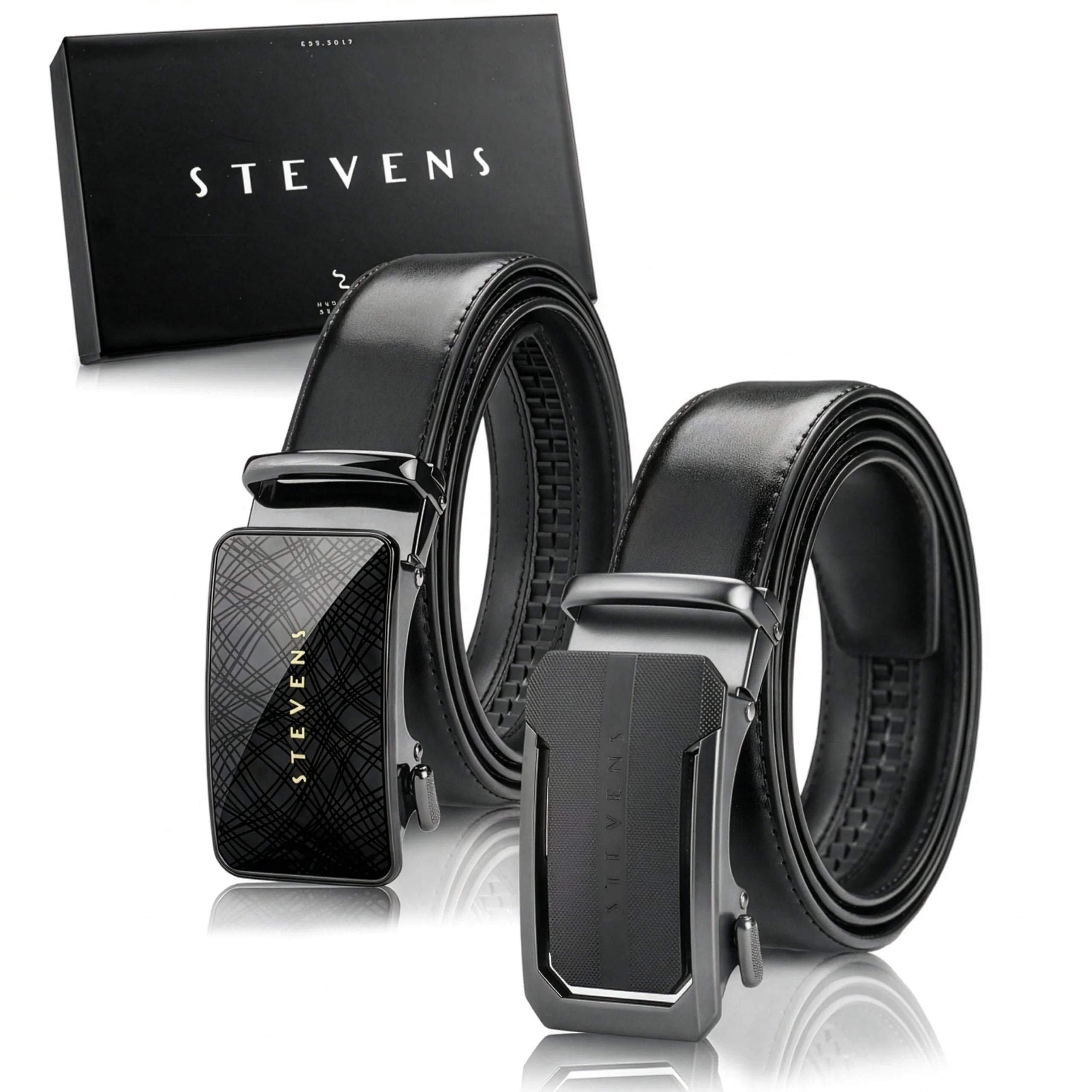 Vyriškas odinis automatinis diržas STEVENS, juodas, 2 viename rinkinys D39737