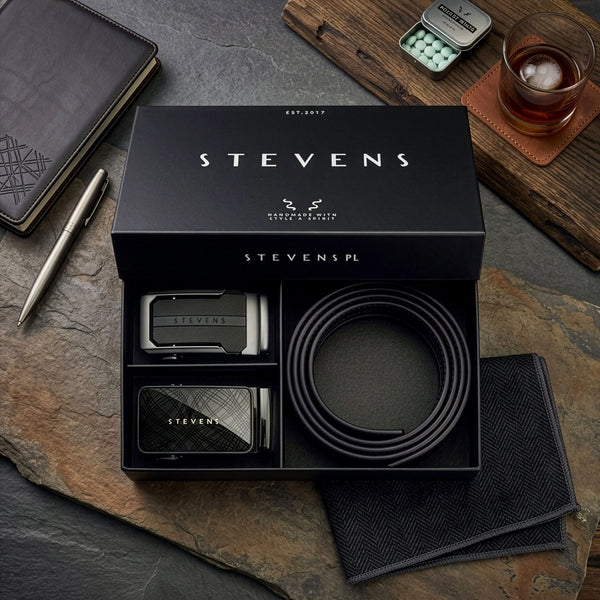 Vyriškas odinis automatinis diržas STEVENS, juodas, 2 viename rinkinys D39737