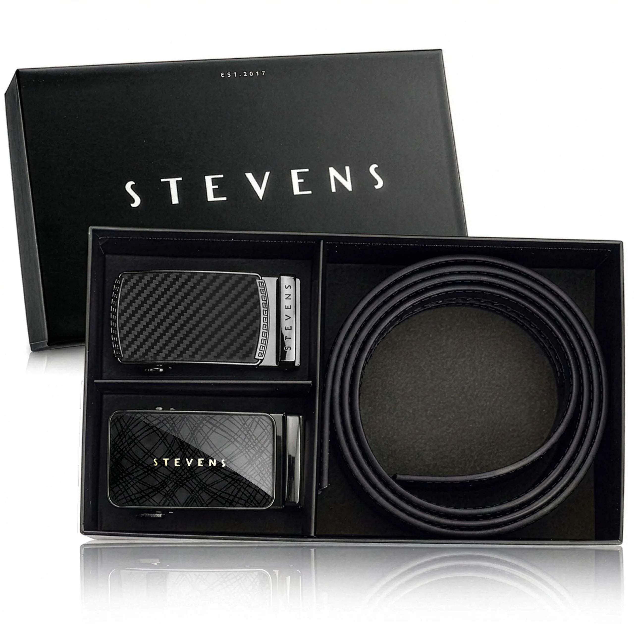 Vyriškas odinis automatinis diržas STEVENS, juodas, dovanų rinkinys 2 viename D39750
