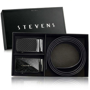 Vyriškas odinis automatinis diržas STEVENS, juodas, dovanų rinkinys 2 viename D39750