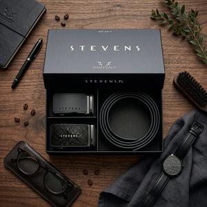 Vyriškas odinis automatinis diržas STEVENS, juodas, dovanų rinkinys D39751