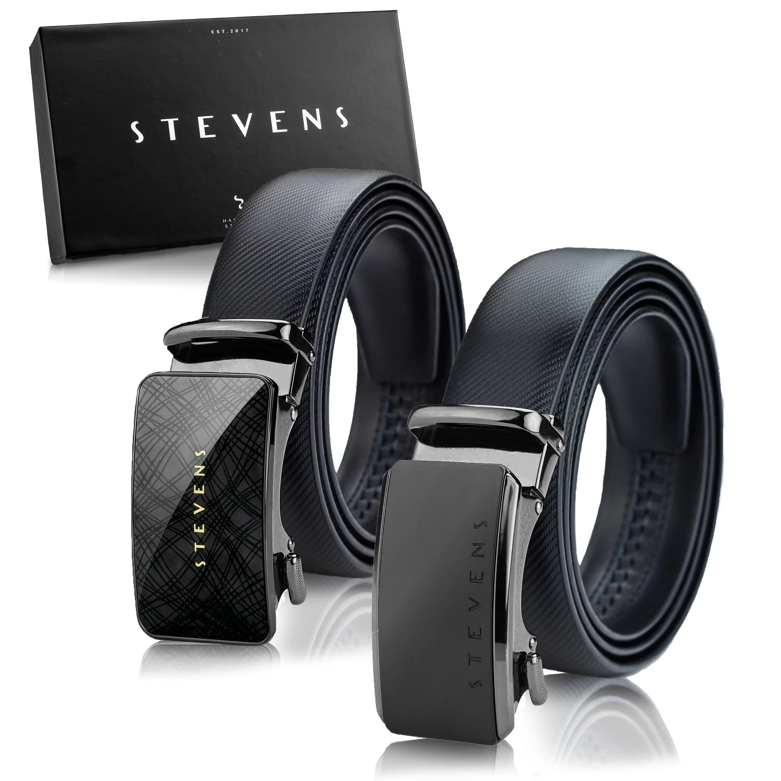 Vyriškas odinis automatinis diržas STEVENS, juodas, dovanų rinkinys D39751
