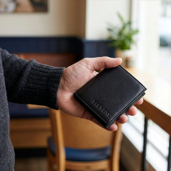 Maža plona vyriška odinė piniginė su RFID STEVENS, juoda D40033