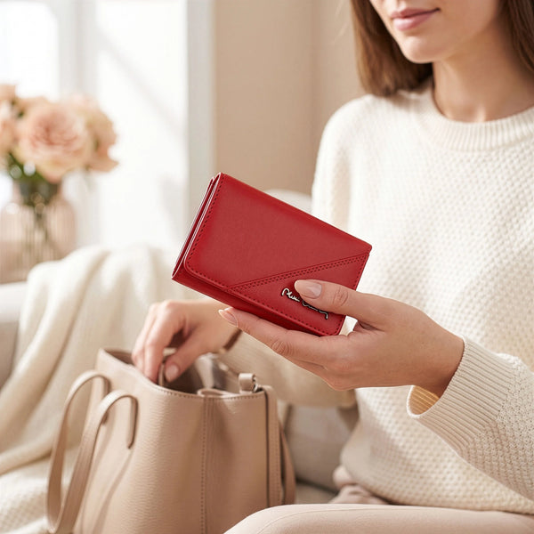 Kompaktiška moteriška odinė piniginė su RFID Pierre Cardin, raudona D40334