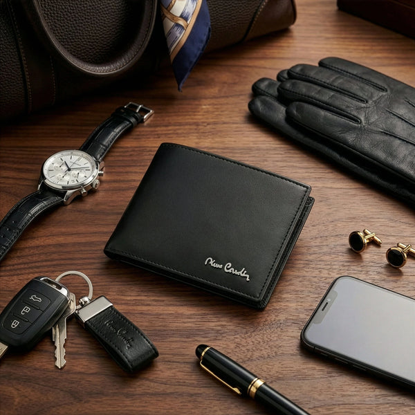 Vīriešu komplekts „Pierre Cardin”: ādas maks un divpusēja josta, melna/brūna 75T8806BR