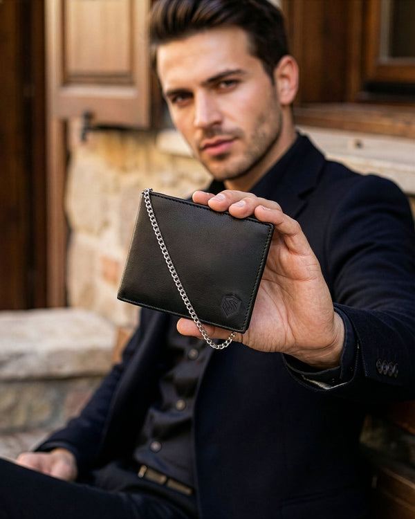 Melns vīriešu maks STEVENS ar ķēdīti S1084