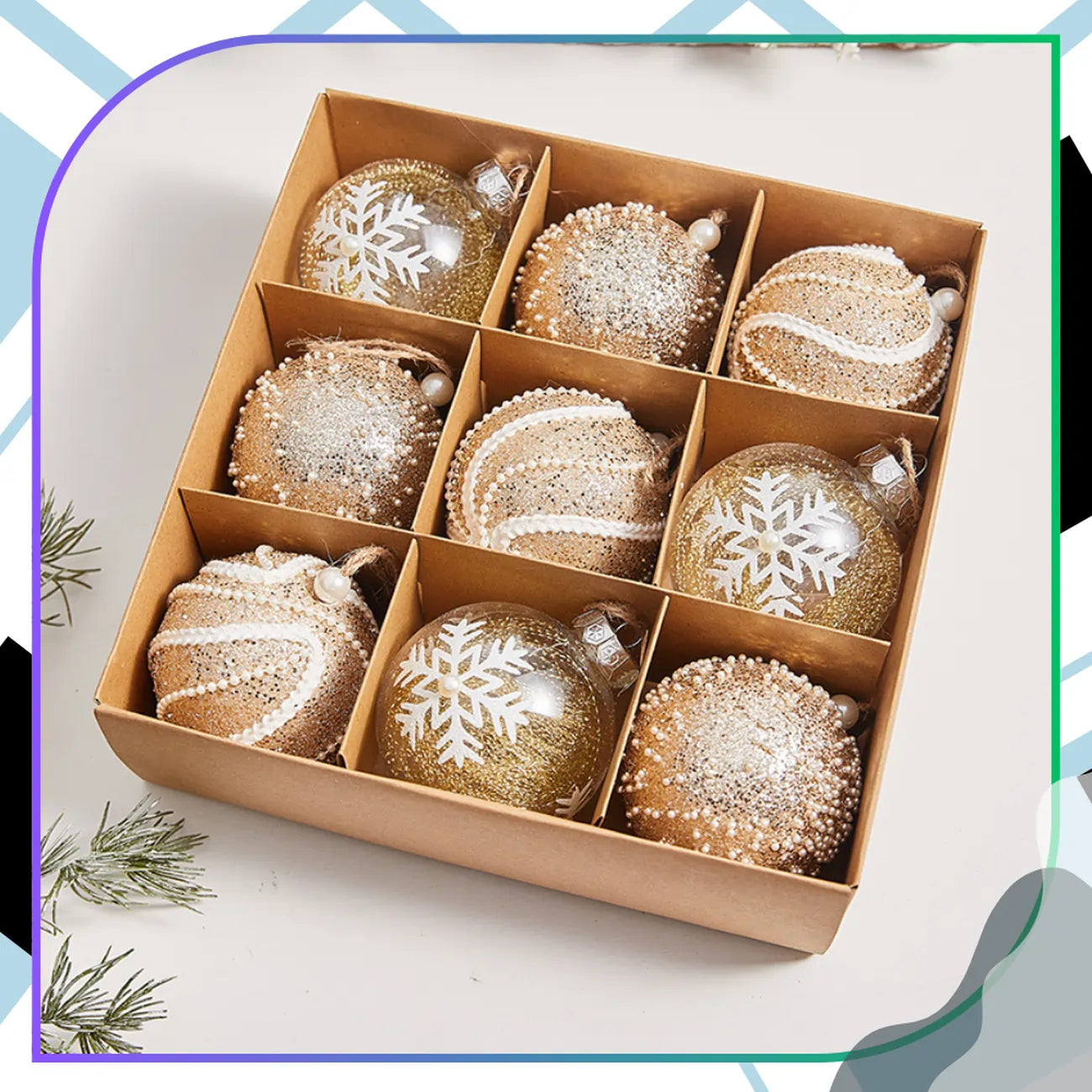 Akrila zelta Ziemassvētku bumbas, 9 gab., diametrs 8 cm